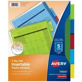 Avery Dividers for 3 Ring Binders, 5-Tab Binder Dividers, Plastic Binder Dividers, Insertable Big Tabs, Multicolor, 1 Set (11900)